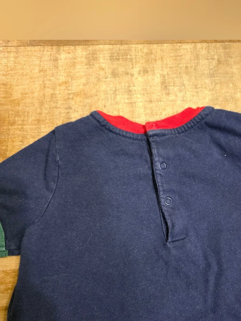 Baby Ralph Lauren Navy Blue Romper with Polo Bear and Red, Yellow, Green Trim